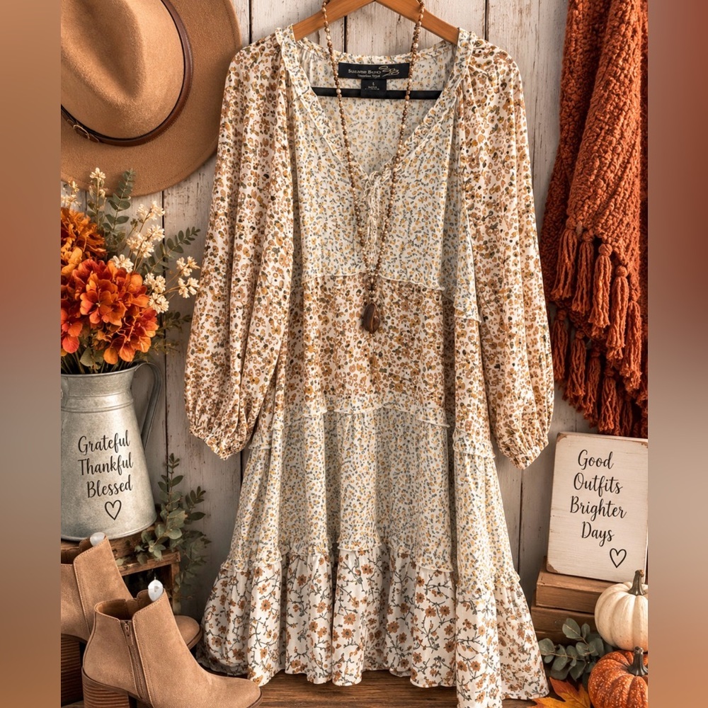 Suzanne Betro Cream and Brown Floral Midi Dress